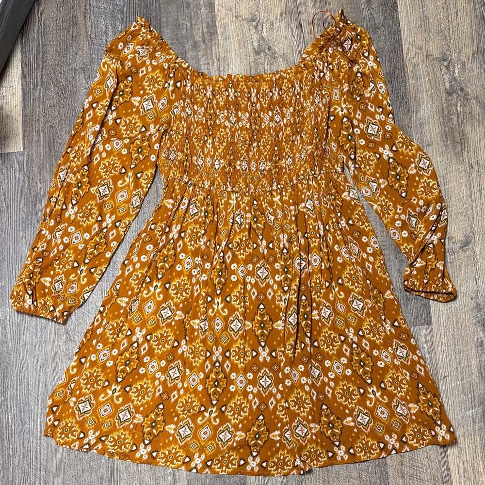 Vanilla Bay Carmel Aztec Print Smocked Off-Shoulder Long Sleeve Dress